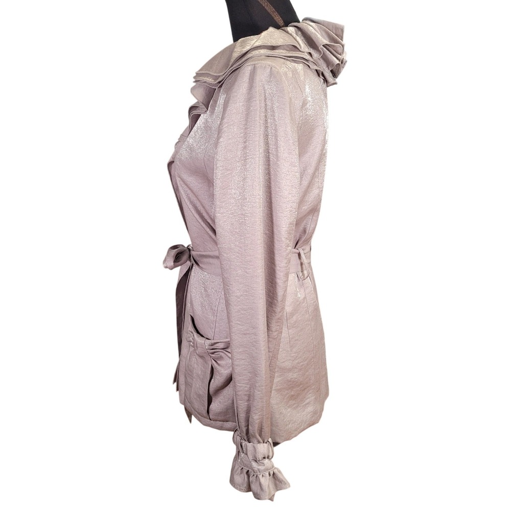 Vintage Y2K UBU Shimmer Ruffle Collar Jacket‎ Leopard Lining Silver Travel M - Picture 6 of 9